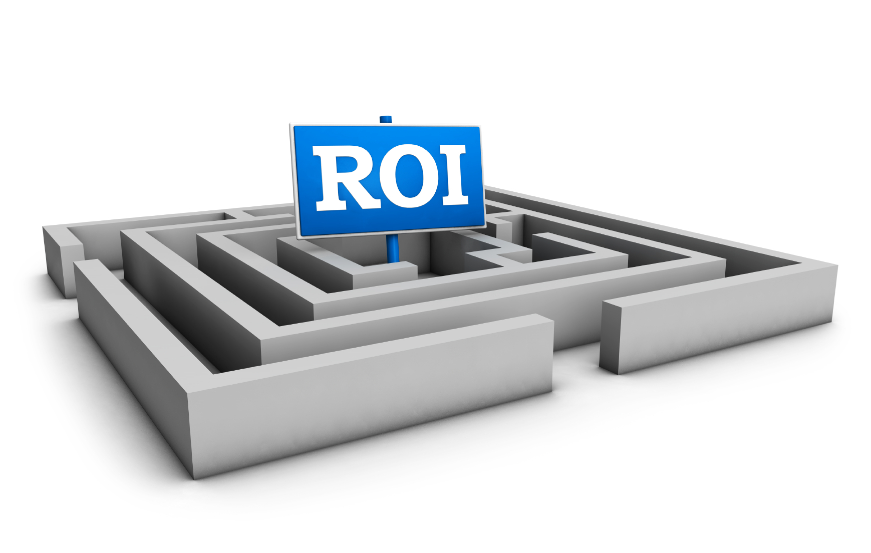 Return on investment business concept with labyrinth and blue roi word on white background.
